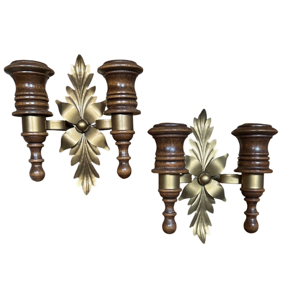 Vintage Pair Gold Metal Acanthus Leaf & Wood Double Wall Sconce Candle Holders